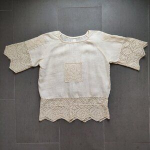 120% Lino Womens Linen Lace Floral Flower Half Sleeve Top Blouse Size 42